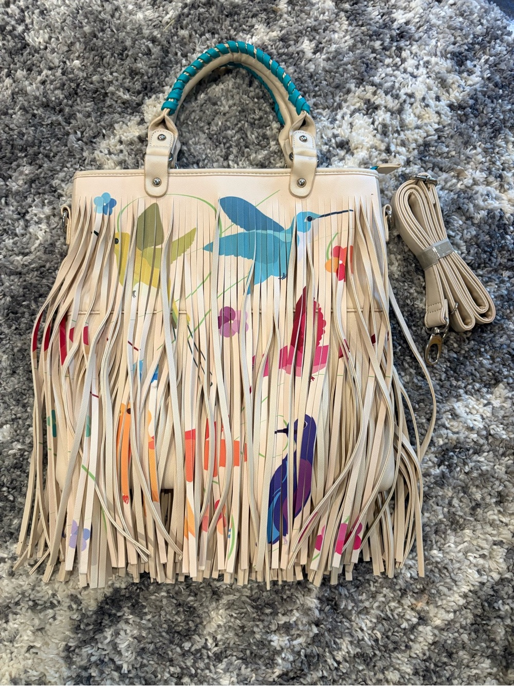 Beige Fringe Tote Bag with Colorful Hummingbird Print